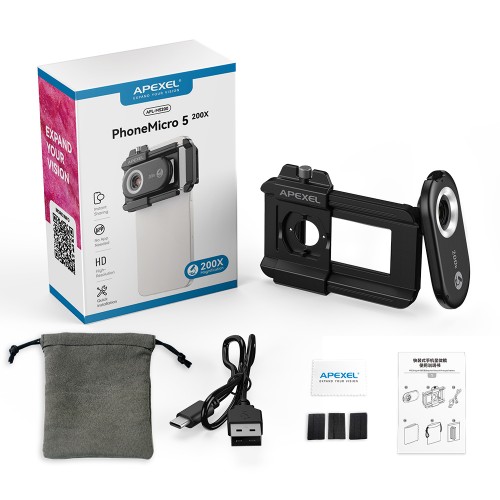 Lentila microscop, Apexel Phone Micro 5, zoom 200x, sistem prindere pentru iPhone 16, 15, 14,13,12,11, Samsung S24/S23/S22, Huawei, Xiaomi, Oppo