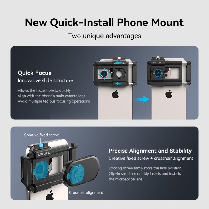 Lentila microscop, Apexel Phone Micro 5, zoom 200x, sistem prindere pentru iPhone 16, 15, 14,13,12,11, Samsung S24/S23/S22, Huawei, Xiaomi, Oppo