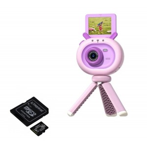 Pachet: Camera foto digitala pentru copii, THD S2, rezolutie foto 12 megapixeli, video 1080p, ecran rabatabil selfie, card microSD 32Gb, buburuza roz