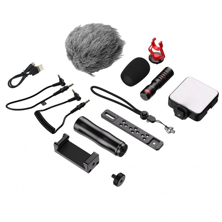 Kit vlogging, Apexel, format din microfon, sistem prindere telefon, lumina LED