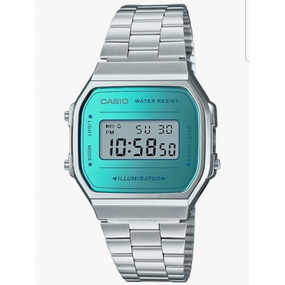 Ceas unisex digital Casio, quartz, bratara din otel inoxidabil argintie, iluminare electroluminiscenta, alarma si cronometru, rezistent la apa, fata turcoaz