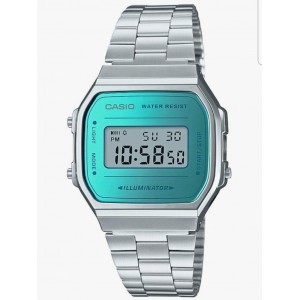 Ceas unisex digital Casio, quartz, bratara din otel inoxidabil argintie, iluminare electroluminiscenta, alarma si cronometru, rezistent la apa, fata turcoaz