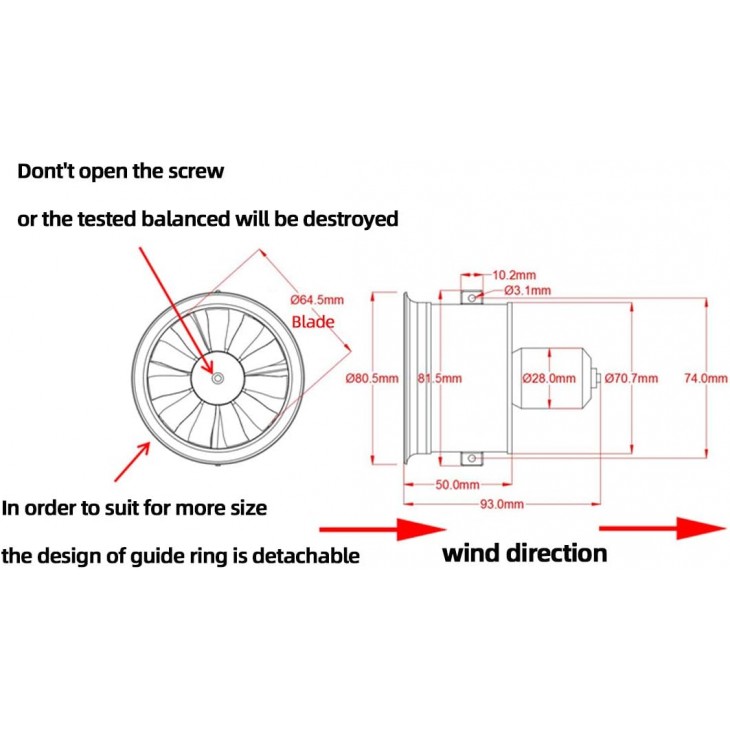Motor EDF electric ducted fan, Flycolor Miuzei, diametru 64 mm, Brushless 3500KV, 11 Pale rotor, ESC 50A integrat (2–4S), testat, echilibrat fabrica, masa maxima decolare 700-1100g