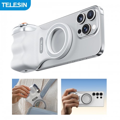 Maner inteligent cu buton, Telesin Fun Shot P1-M-10, control zoom, atasare magnetica, telecomanda bluetooth, compatibil iPhone 16, 15, 14, 13,12, Samsung S25 Edge, Samsung S25 Ultra
