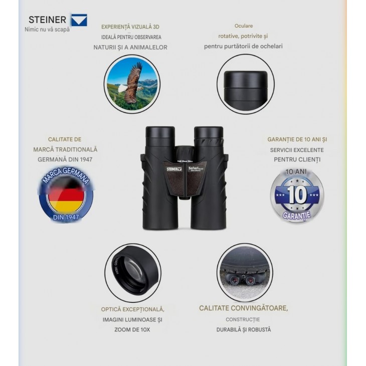 Binoclu profesional, Steiner Safari UltraSharp 10x42, Imagine Clara si Contrast Ridicat, Optica UltraSharp, Rezistent la Apa, Robust, pentru Calatorii, Drumetii, Concerte, Sport si Natura, livrare 7-9 zlle