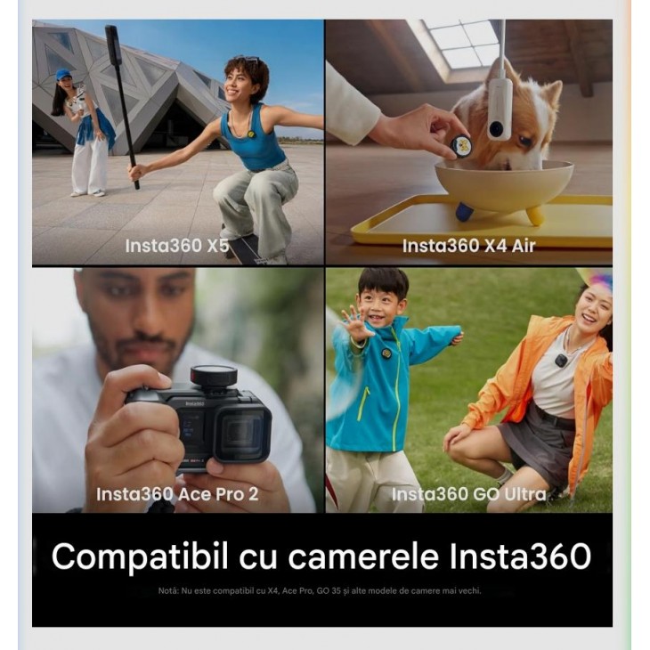 Microfon Wireless Lavaliera Insta360 Mic Pro Transmitter, 32-bit Float, 3 Microfoane, Display E-Ink Personalizabil, pentru iPhone, Android si Camera, Graphite Black, livrare 7-9 zile