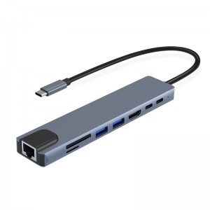 Adaptor 8 in 1 IKATAK, USB-C la HDMI 4k 30HZ, 2 X USB-A, audio, SD, TF, 2 x USB-C, LAN RJ45, compatibil Apple Macbook Air si Apple Macbook Pro