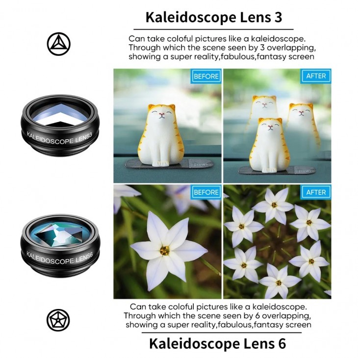 Set 10 obiective profesionale, Apexel, lentile telephoto 22x, fisheye, radial, caleidoscop, macro, wide, star, compatibile cu iPhone, Samsung, Huawei, Oppo, Xiaomi