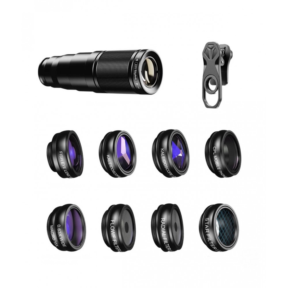Set 10 obiective profesionale, Apexel, lentile telephoto 22x, fisheye, radial, caleidoscop, macro, wide, star, compatibile cu iPhone, Samsung, Huawei, Oppo, Xiaomi