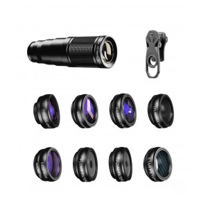 Set 10 obiective profesionale, Apexel, lentile telephoto 22x, fisheye, radial, caleidoscop, macro, wide, star, compatibile cu iPhone, Samsung, Huawei, Oppo, Xiaomi
