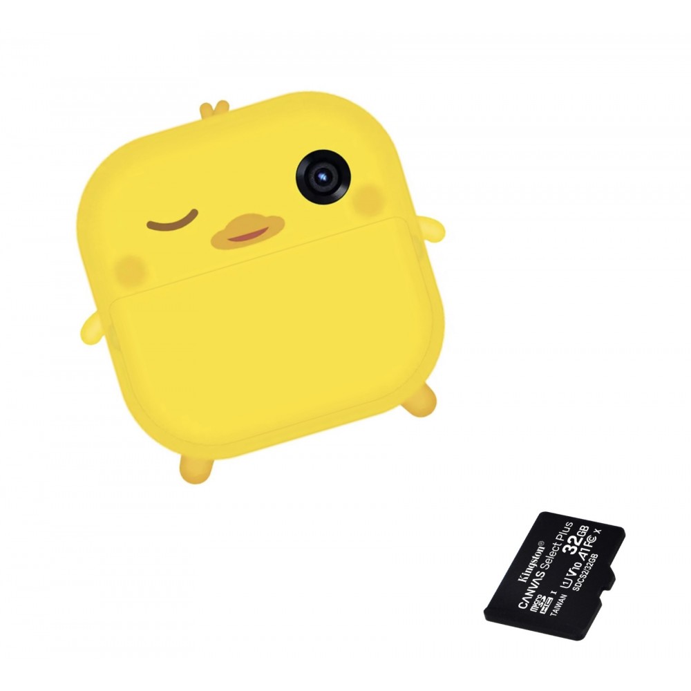 Pachet: Card memorie 32 Gb + Camera foto-video pentru copii, THD Pixels M2, imprimanta termica, obiectiv frontal 18 megapixeli, obiectiv selfie, galben puisor
