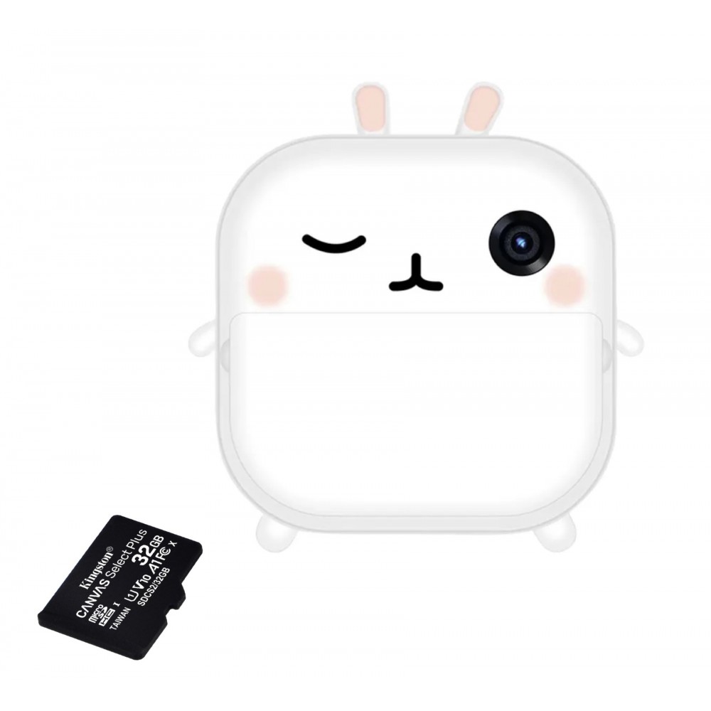 Pachet: Card memorie 32 Gb + Camera foto-video pentru copii, THD Pixels M2, imprimanta termica, obiectiv frontal 18 megapixeli, obiectiv selfie, alba iepuras