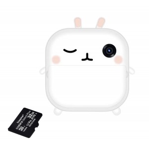 Pachet: Card memorie 32 Gb + Camera foto-video pentru copii, THD Pixels M2, imprimanta termica, obiectiv frontal 18 megapixeli, obiectiv selfie, alba iepuras