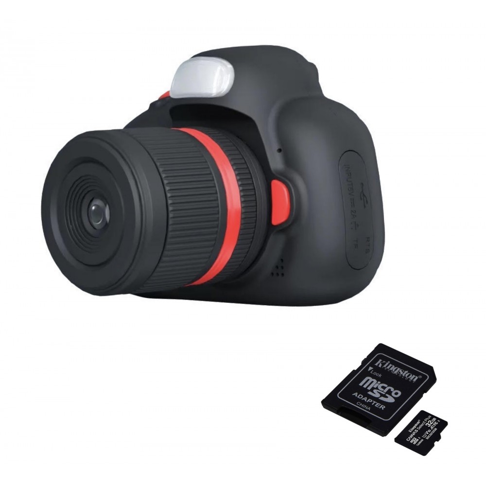 Pachet: Card memorie 32Gb + Camera foto digitala pentru copii, THD Pixels D6, aspect DSLR, rezolutie 18 megapixeli, neagra