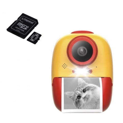 Pachet: Card memorie 32 Gb + Camera foto-video digitala pentru copii, THD Pixels D10M, imprimanta termica, rezolutie 24 megapixeli, camera selfie, galbena