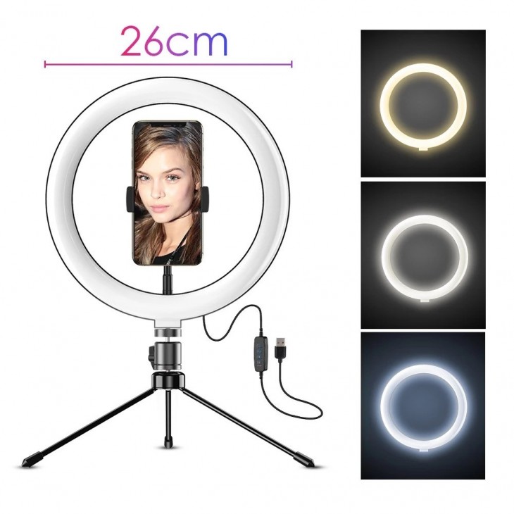 Set lampa circulara selfie, Apexel, diametru 26cm, trepied mini, suport telefon