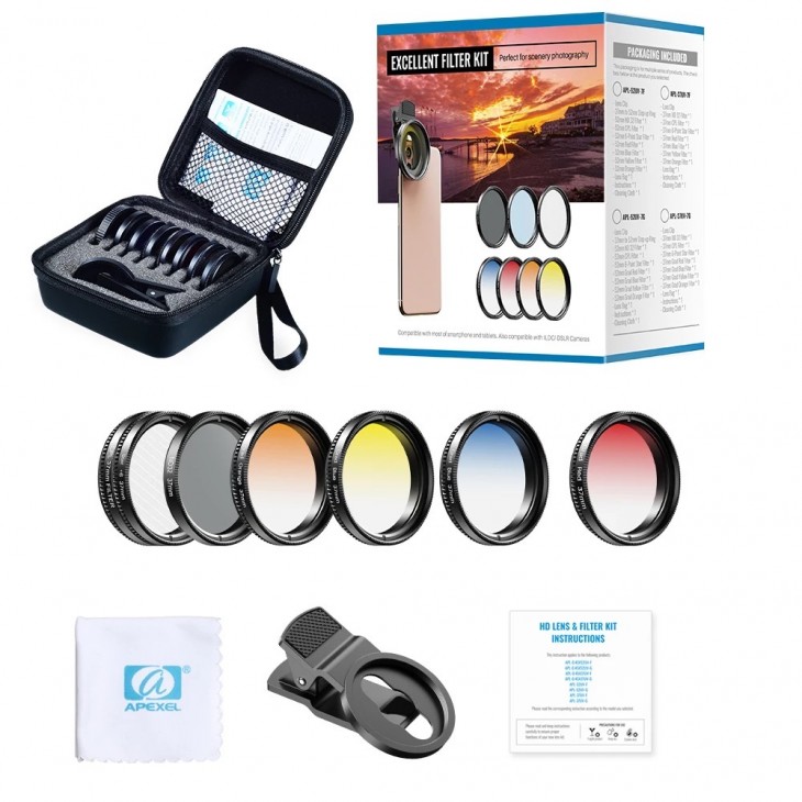 Set 7 filtre profesionale 52 mm, marca Apexel, pentru iPhone 13, iPhone 12, iPhone 11, X,8,7,6,5, Samsung, Huawei