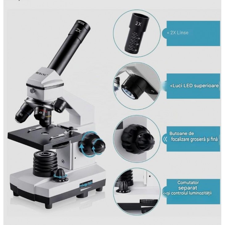 Microscop Monocular Bebang ZX-01, 100X-2000X pentru Copii si Adulti, Kit Microscopie pentru Experimente, Studenti si Incepatori, Iluminare LED, pentru Scoala, Laborator si Acasa, livrare 7-9 zile