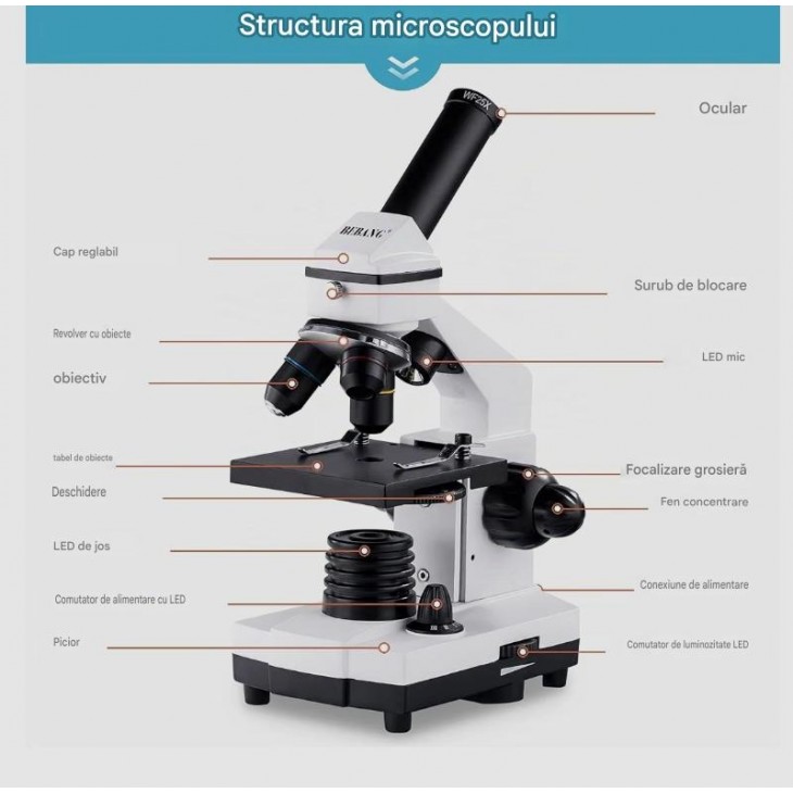 Microscop Monocular Bebang ZX-01, 100X-2000X pentru Copii si Adulti, Kit Microscopie pentru Experimente, Studenti si Incepatori, Iluminare LED, pentru Scoala, Laborator si Acasa, livrare 7-9 zile