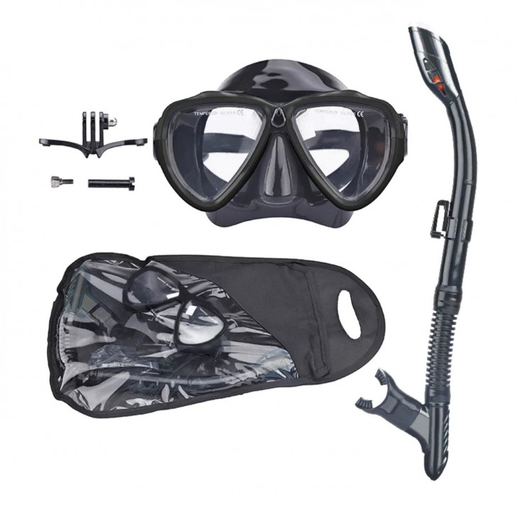Set scuba diving si snorkeling Aloma WT-2, sistem prindere camera GoPro Hero 13,12,11,10,9,8,7, SJCAM, Osmo Action, negru