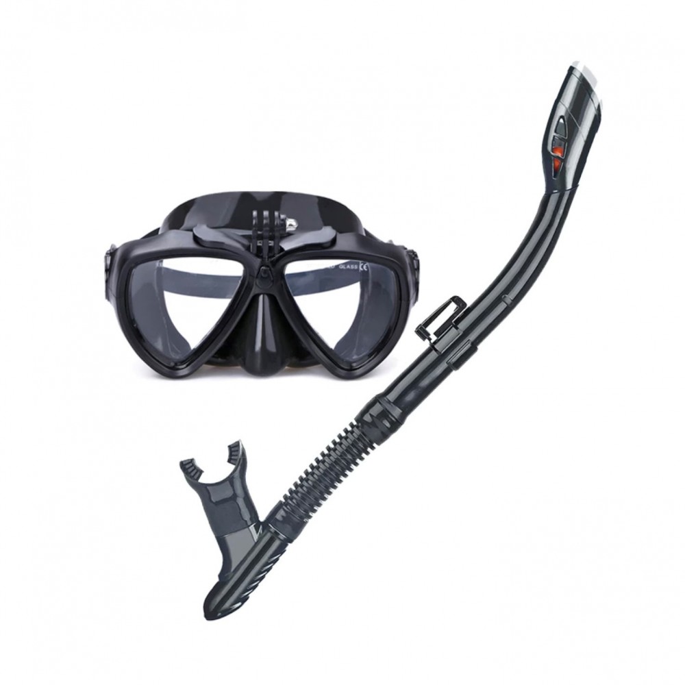 Set scuba diving si snorkeling Aloma WT-2, sistem prindere camera GoPro Hero 13,12,11,10,9,8,7, SJCAM, Osmo Action, negru