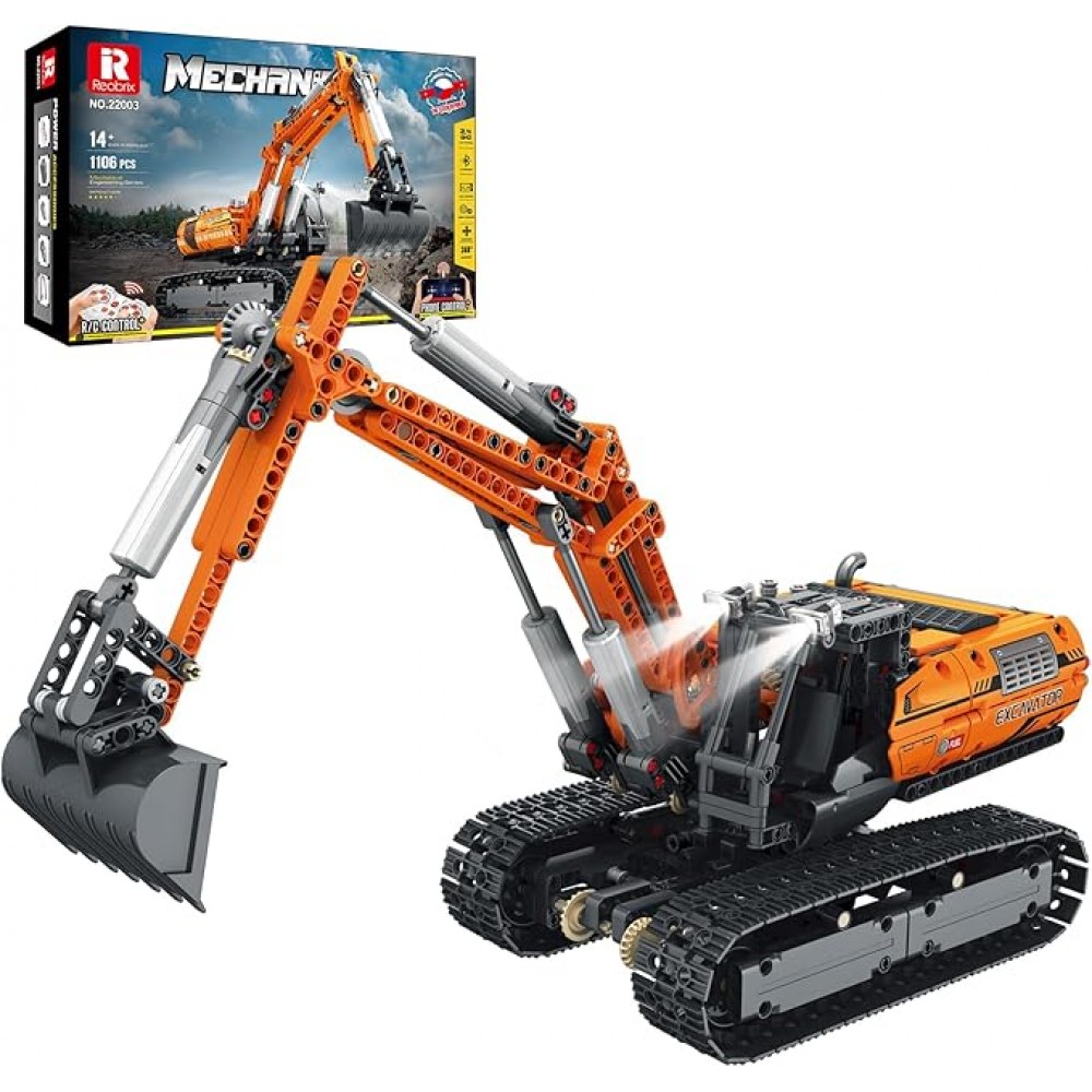 Set construcție excavator Reobrix RC, vehicul de construcții telecomandat cu control prin aplicație, 1106 piese, 22003, 14+