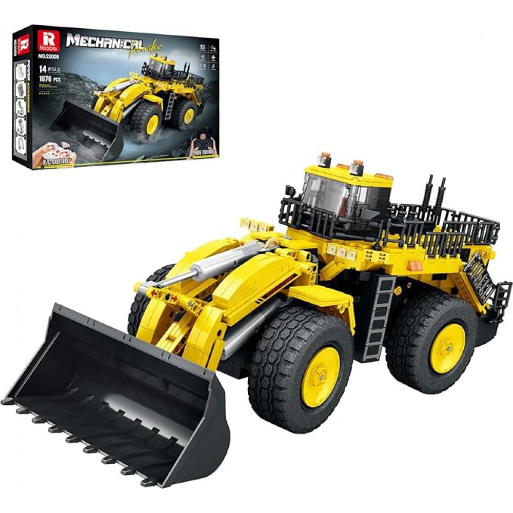 Set construcție incarcator frontal cu tracțiune 4x4, Reobrix 22009, vehicul de construcții telecomandat, 1876 piese, 14+