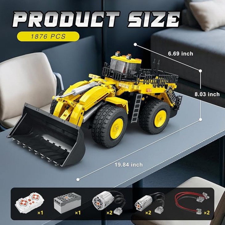 Set construcție incarcator frontal cu tracțiune 4x4, Reobrix 22009, vehicul de construcții telecomandat, 1876 piese, 14+
