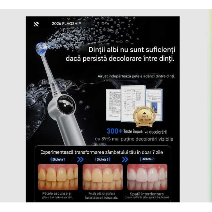 Periuta de Dinti Electrica Ranvoo AirJet X5 Deep Cleaning, 100% Indepartare Placa, Albire in 7 Zile, Ingrijire Gingivala, Compatibila cu Aparat Dentar, Baterie 60 Zile, 3 Capete, Gri Inchis