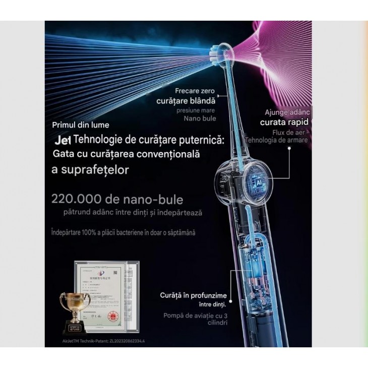  Periuta de Dinti Electrica Ranvoo AirJet X5 Deep Cleaning, 100% Indepartare Placa, Albire in 7 Zile, Ingrijire Gingivala, Compatibila cu Aparat Dentar, Baterie 60 Zile, 3 Capete, Gri Inchis