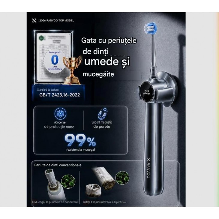  Periuta de Dinti Electrica Ranvoo AirJet X5 Deep Cleaning, 100% Indepartare Placa, Albire in 7 Zile, Ingrijire Gingivala, Compatibila cu Aparat Dentar, Baterie 60 Zile, 3 Capete, Gri Inchis
