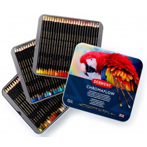 Set 72 creioane colorate profesionale Derwent Chromaflow 2306014, cutie metalică, mină 3.5 mm, culori intense, textură fină, pentru desen și layering