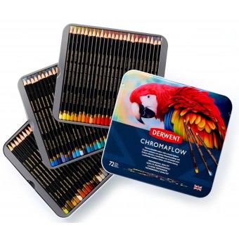 Set 72 creioane colorate profesionale Derwent Chromaflow 2306014, cutie metalică, mină 3.5 mm, culori intense, textură fină, pentru desen și layering