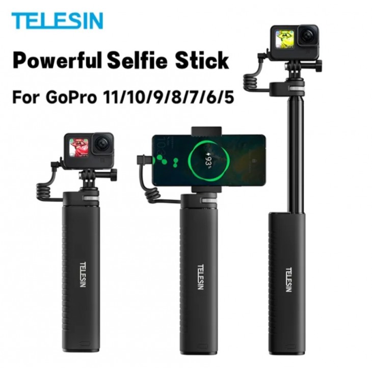 Selfie stick cu acumulator, Telesin, compatibil GoPro, Insta360, DJI Action, lungime 90 cm, IP52 rezistent la apa