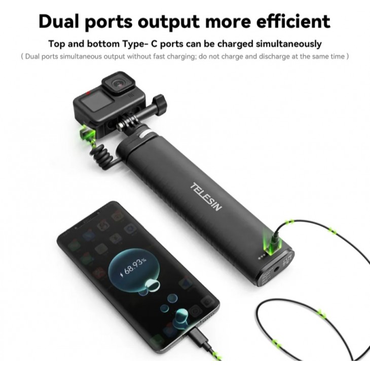 Selfie stick cu acumulator, Telesin, compatibil GoPro, Insta360, DJI Action, lungime 90 cm, IP52 rezistent la apa