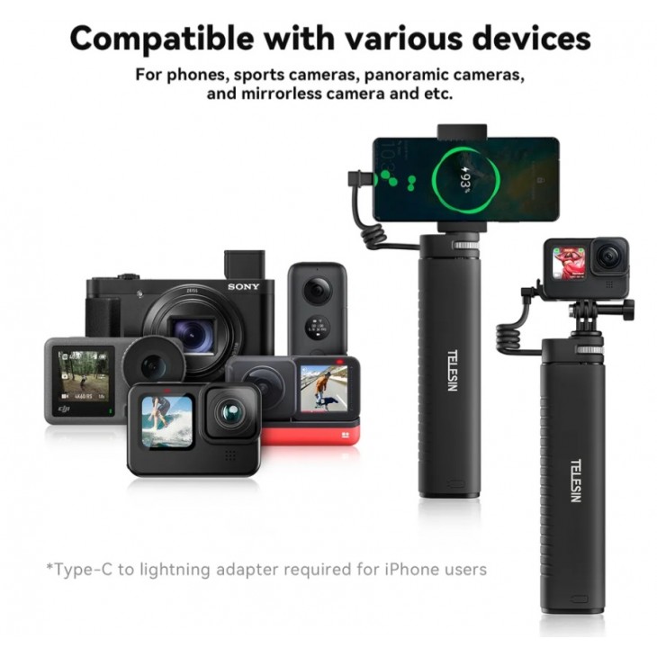 Selfie stick cu acumulator, Telesin, compatibil GoPro, Insta360, DJI Action, lungime 90 cm, IP52 rezistent la apa