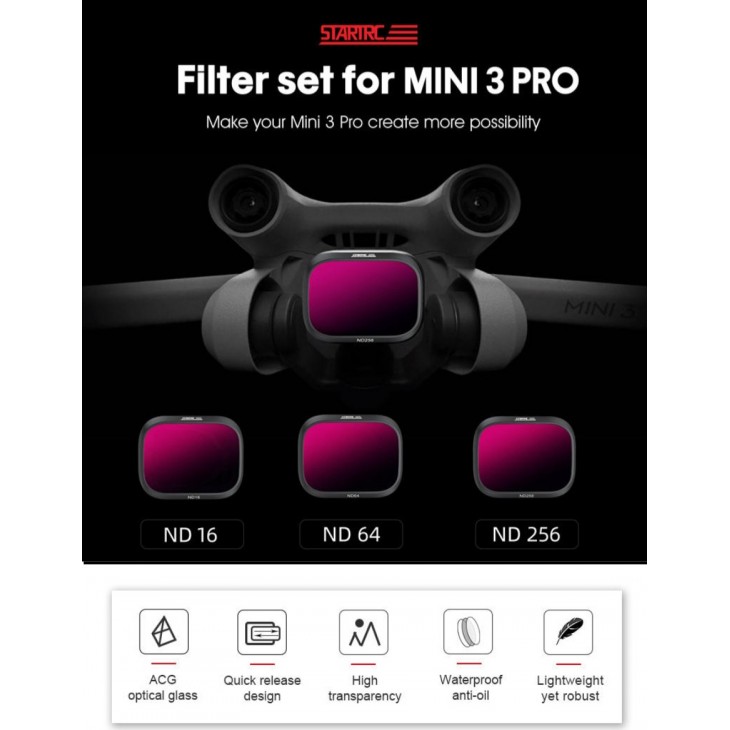Set profesional 3 filtre, STARTRC, compatibile cu DJI Mini 3 Pro, ND16, ND64, ND256