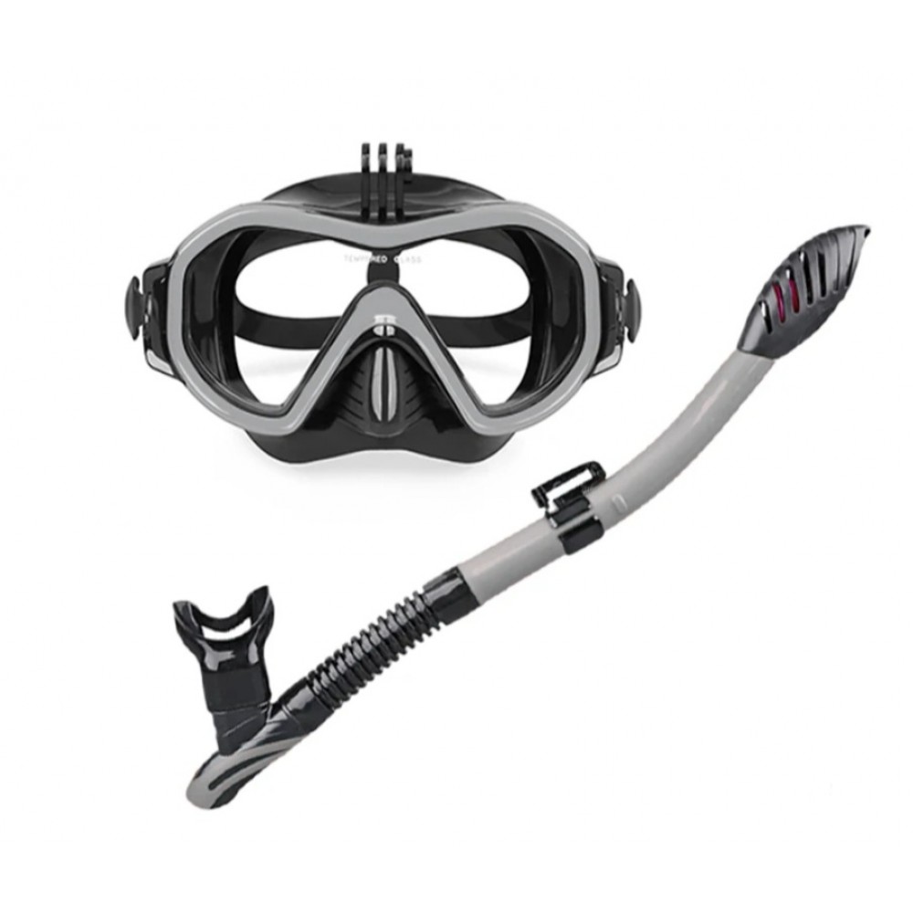 Set scuba diving si snorkeling Aloma AM105 format din masca si tub, lentila unica extinsa, prindere GoPro, negru