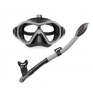 Set scuba diving si snorkeling Aloma AM105 format din masca si tub, lentila unica extinsa, prindere GoPro, negru