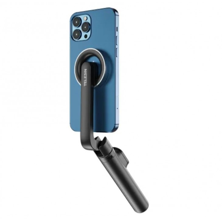 Selfie stick bluetooth, TELESIN, prindere magnetica, compatibil iPhone 16, iPhone 15, iPhone 14, iPhone 13, Negru, lungime 69 cm