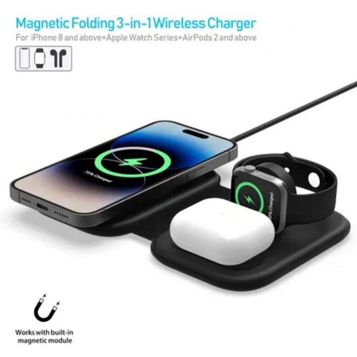 Incarcator wireless 3 in 1, IKATAK, compatibil iPhone 16,15,14,13,12, Apple Watch, Airpods, putere 3W/15W, pliabil
