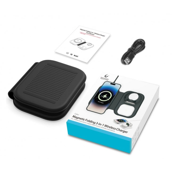 Incarcator wireless 3 in 1, IKATAK, compatibil iPhone 16,15,14,13,12, Apple Watch, Airpods, putere 3W/15W, pliabil