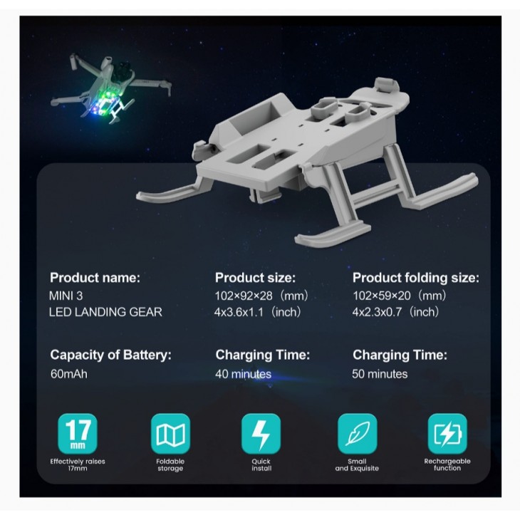 Tren de aterizare marca STARTRC, cu lumina LED in 4 culori, compatibil cu drona DJI Mini 3, pliabil
