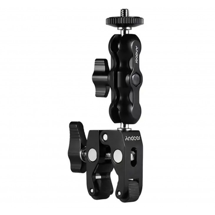 Clește Andoer cu brat dublu articulat, surub 1/4, prindere monitor, lumina video, microfon