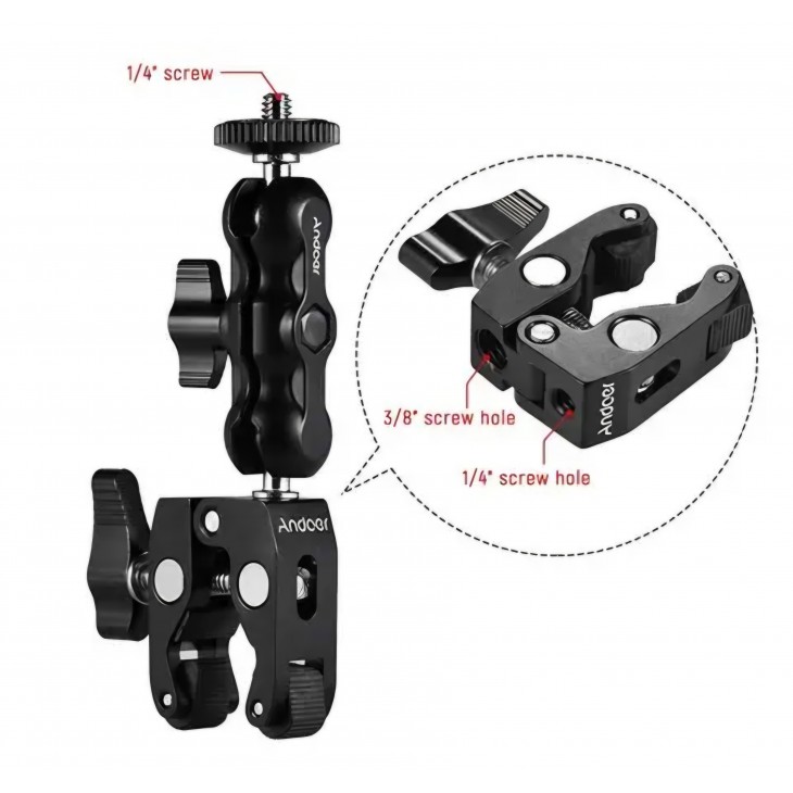 Clește Andoer cu brat dublu articulat, surub 1/4, prindere monitor, lumina video, microfon