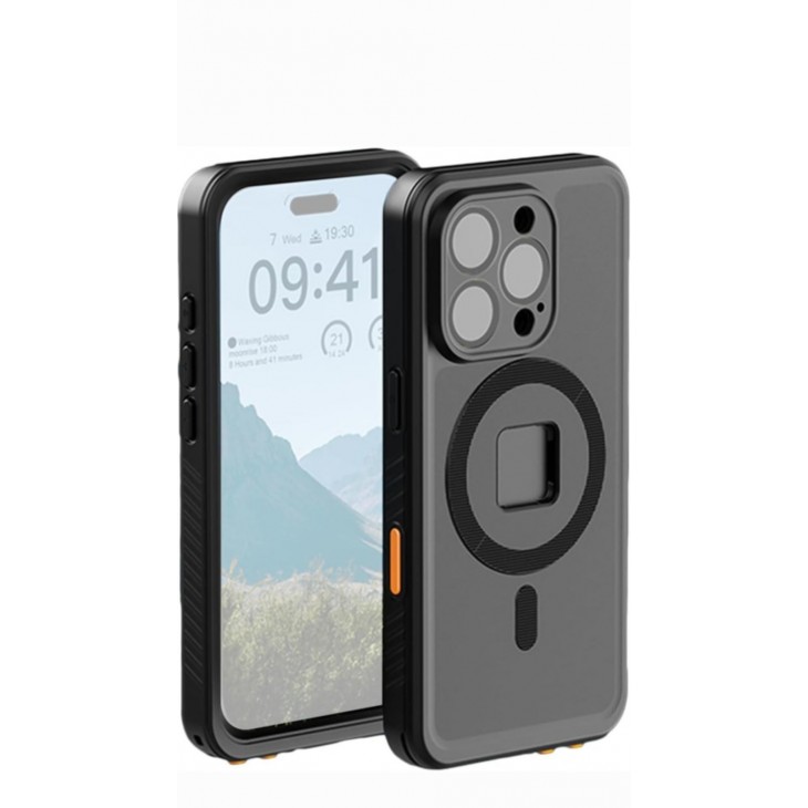 Sistem montare telefon pe ghidon motocicleta cu husa waterproof, TELESIN, compatibil iPhone 16 Pro, blocaj magnetic si siguranta, negru