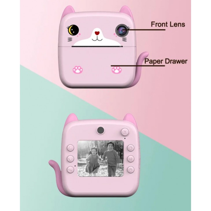 Camera foto-video digitala copii , THD Pixels A21, imprimanta termica, rezolutie foto 12 megapixeli, video FullHD 1080p, card memorie 32Gb, roz