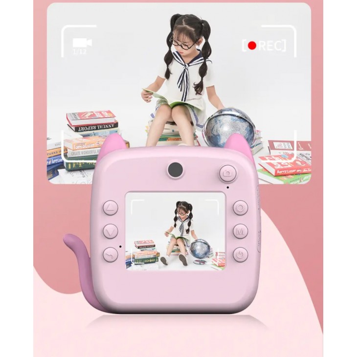 Camera foto-video digitala copii , THD Pixels A21, imprimanta termica, rezolutie foto 12 megapixeli, video FullHD 1080p, card memorie 32Gb, roz