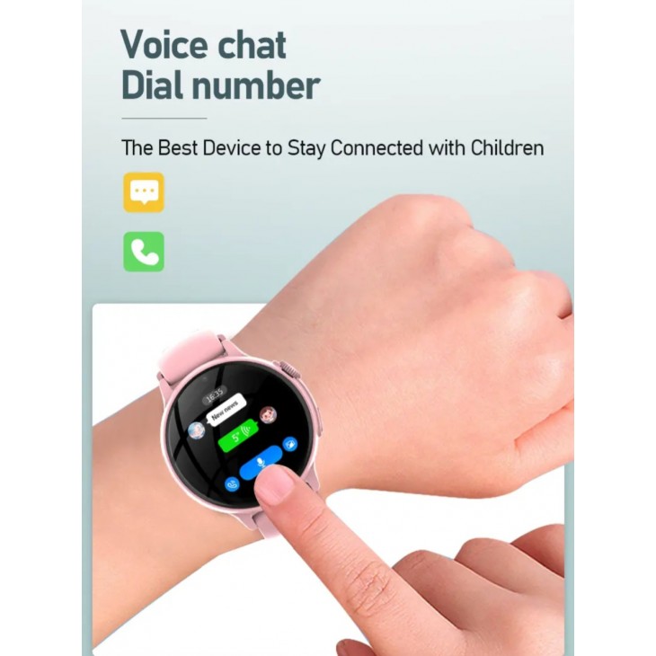 Ceas smartwatch copii, Valdus Y15, Nano SIM 4G, display rotund 1.44",functie telefon, apel video, GPS+LBS+WiFi, buton SOS, memorie 4GB, IP67, roz