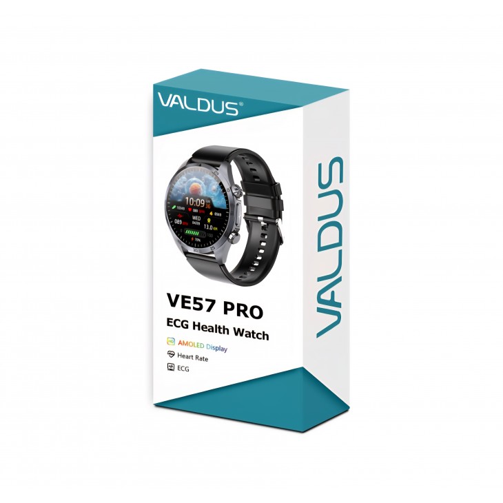 Ceas smartwatch, Valdus VE57 Pro, tensiune arteriala, terapie cu impulsuri, monitorizare saturatie oxigen si glucoza, EKG, termometru, monitorizare somn, IP68, negru